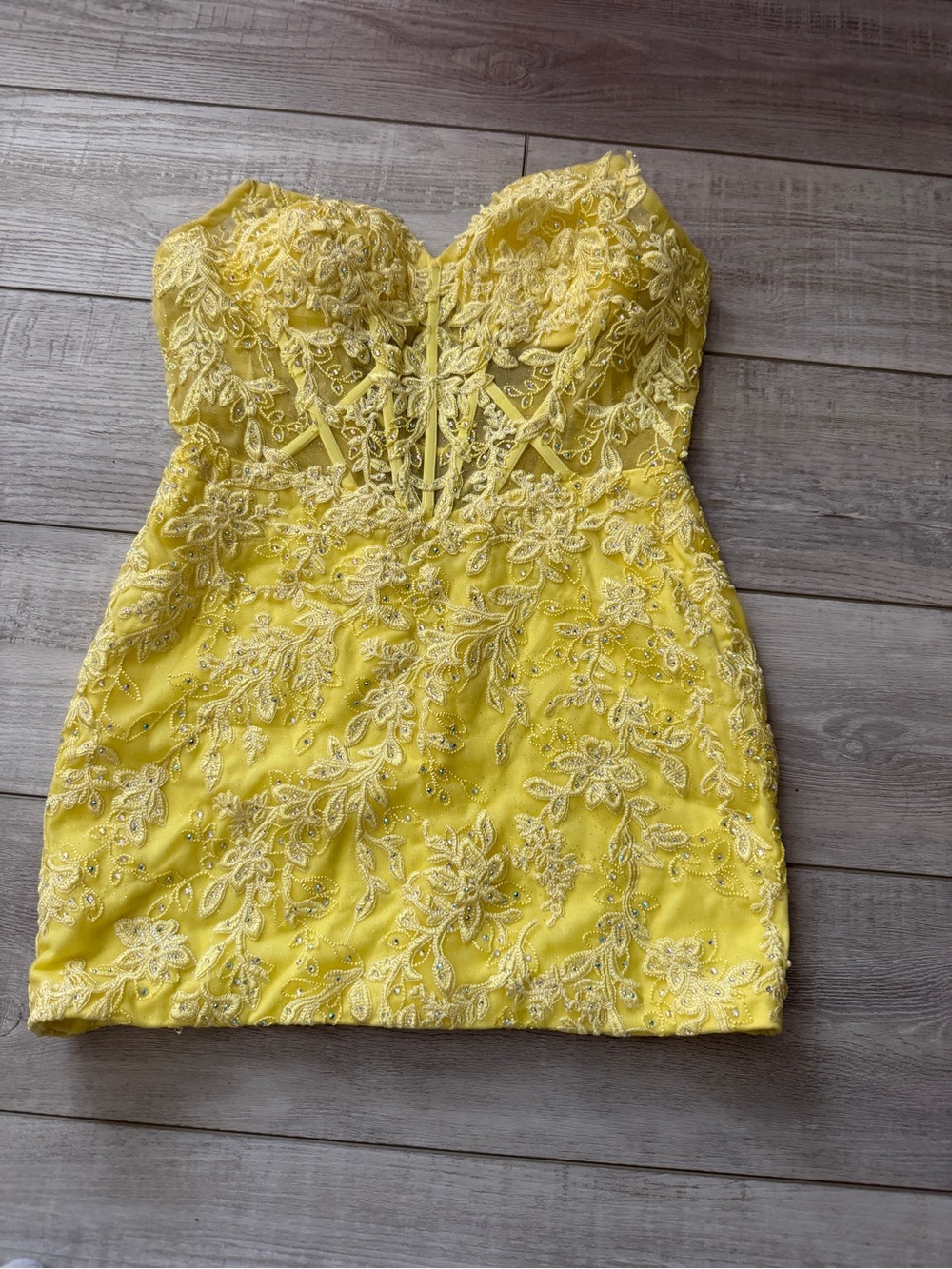 Strapless Yellow Lace Appliqué Mini Dress